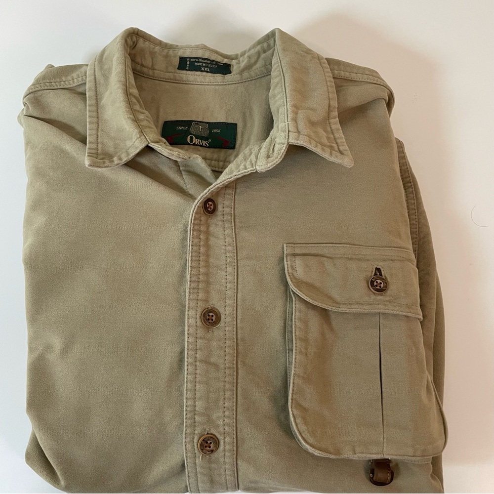 ORVIS Mens XXL Tan Cotton Chamois Button‎ Up Utility Work Shirt Outdoors Rugged - Picture 7 of 8